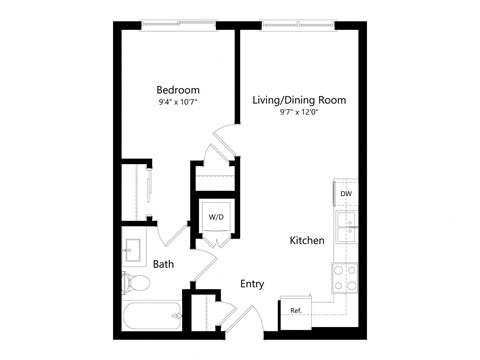 Floor plan for 1 bed, 1 bath, 520 sqft